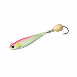 major carft Fishing lure with a pink and green body and a white skirt on a white background