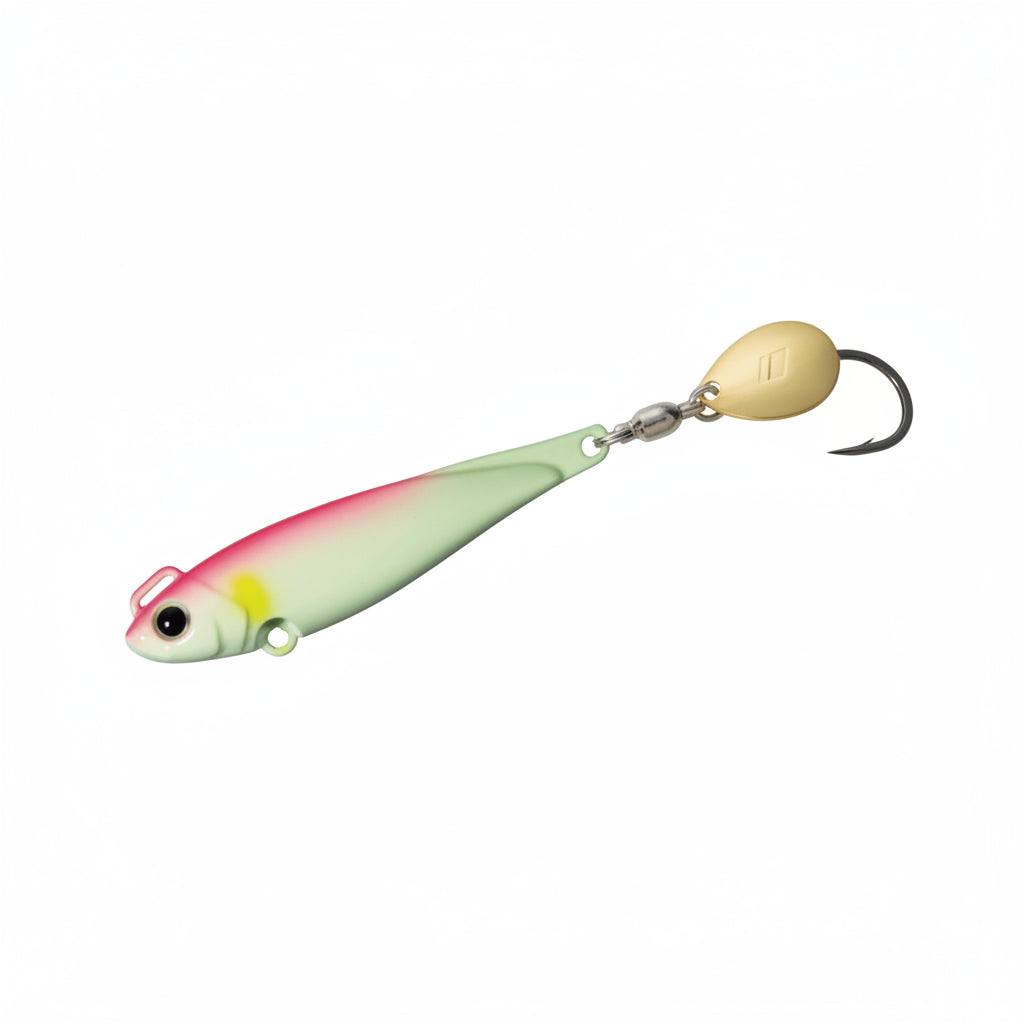 major carft Fishing lure with a pink and green body and a white skirt on a white background