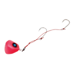 Red fishing lure with a hook on a white background