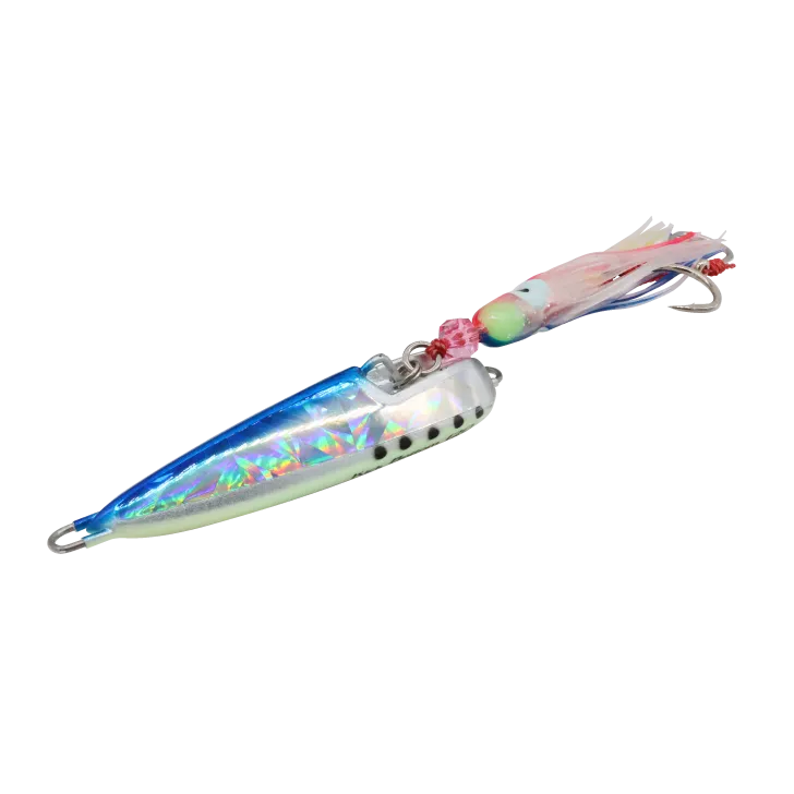 Fishing lure with iridescent body and colorful beads on a white background