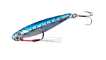 Major craft Jig para Blue and silver fishing lure with a hook on a white background