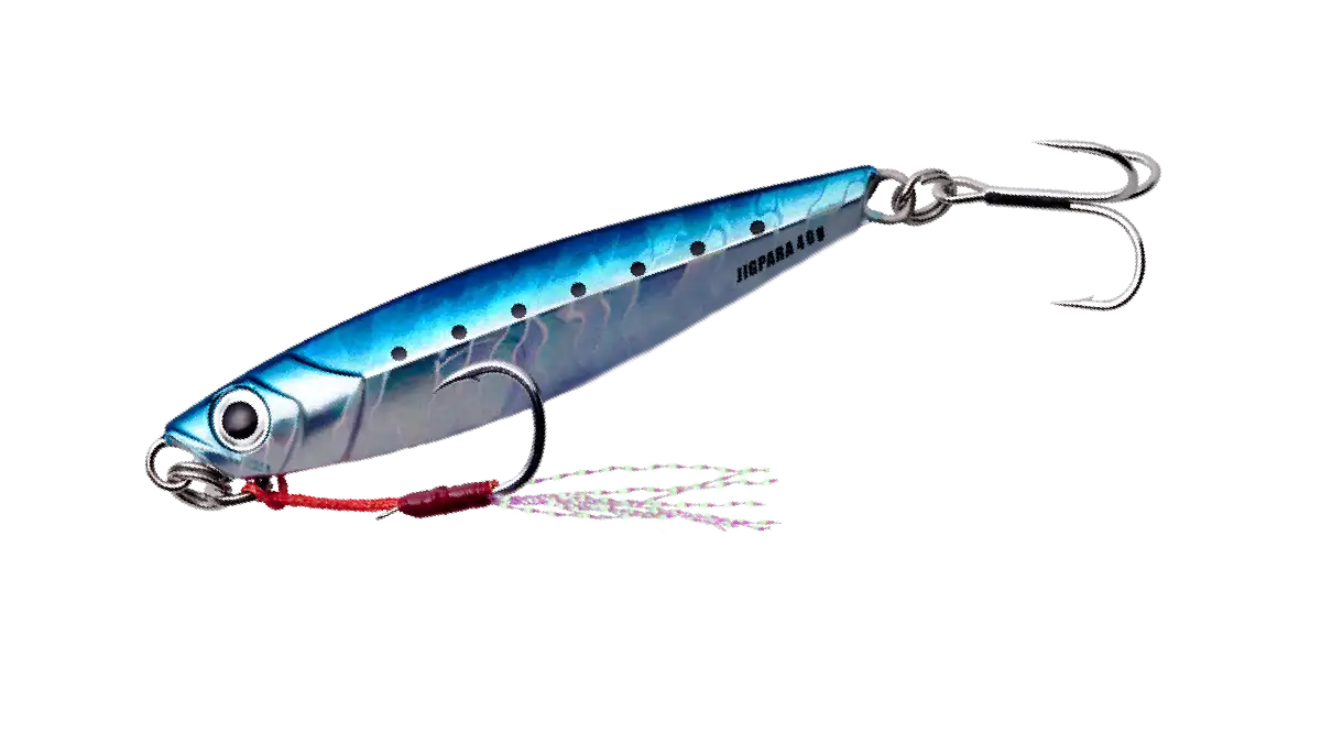 Major craft Jig para Blue and silver fishing lure with a hook on a white background
