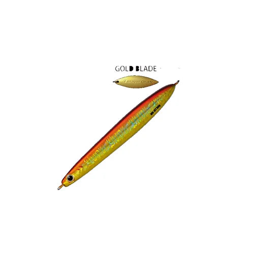 A gold-colored fishing lure with a red side stripe and green shimmering pattern, shown on a plain white background with a smaller inset view and the text 'GOLD BLADE'.