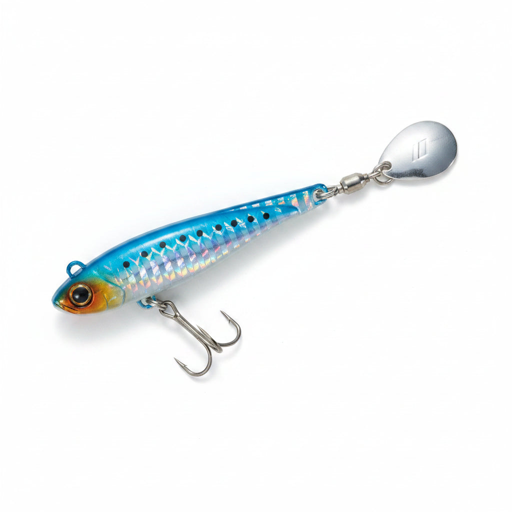 Fishing lure with a blue and silver body on a white background