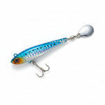 Fishing lure with a blue and silver body on a white background