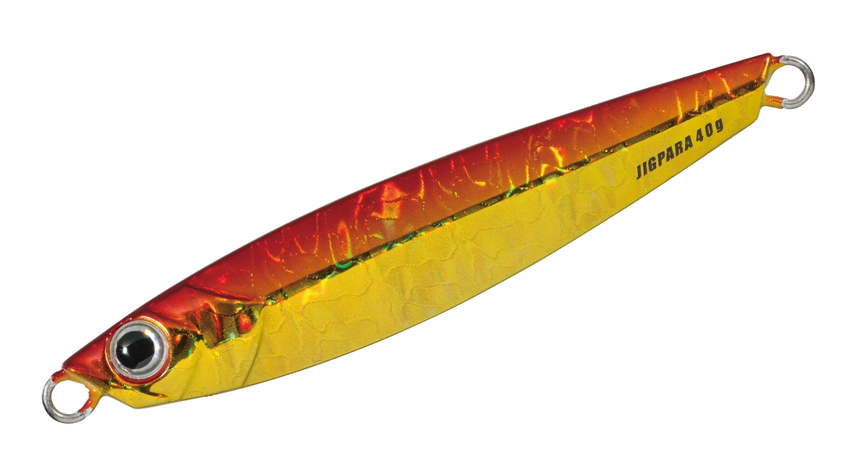 Major craft Jig para Yellow and red fishing lure with a visible brand name on a white background