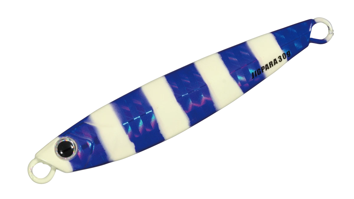 Major craft Jig para Fishing lure with blue and white striped pattern on a white background