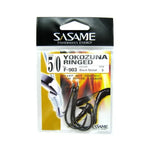 Packaged fishing hooks with Sasame branding on a white background