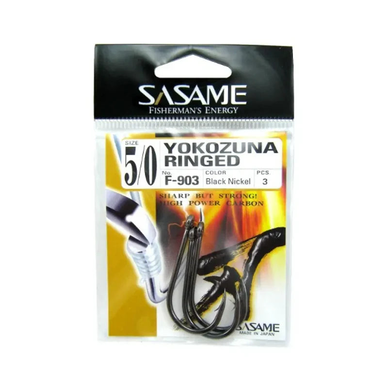 Packaged fishing hooks with Sasame branding on a white background