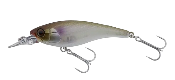 A hard bait fishing lure with a silver and olive-green body, a realistic eye, a clear diving lip, and two treble hooks, shown against a light gray background.